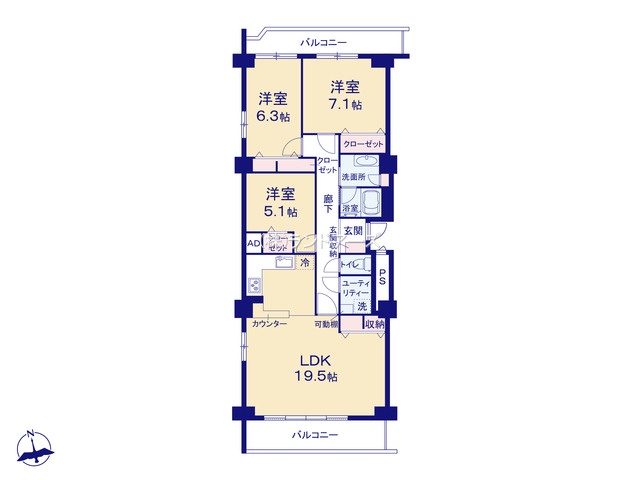 虹ヶ丘マンション本館（・3LDK・3,099万円）の間取り図