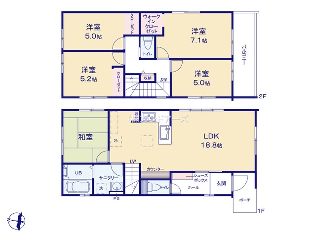 名古屋市緑区神の倉2丁目(戸建)01(建売・5LDK・4,999万円)の間取り図