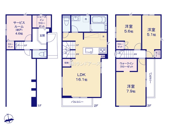 名古屋市中区松原2丁目（戸建）01（建売・3SLDK・6,490万円）の間取り図